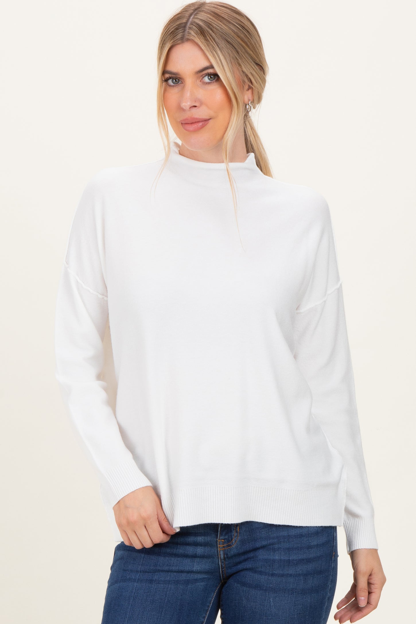 Ivory Mock Neck Exposed Seam Maternity Sweater