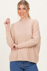 Beige Mock Neck Exposed Seam Sweater