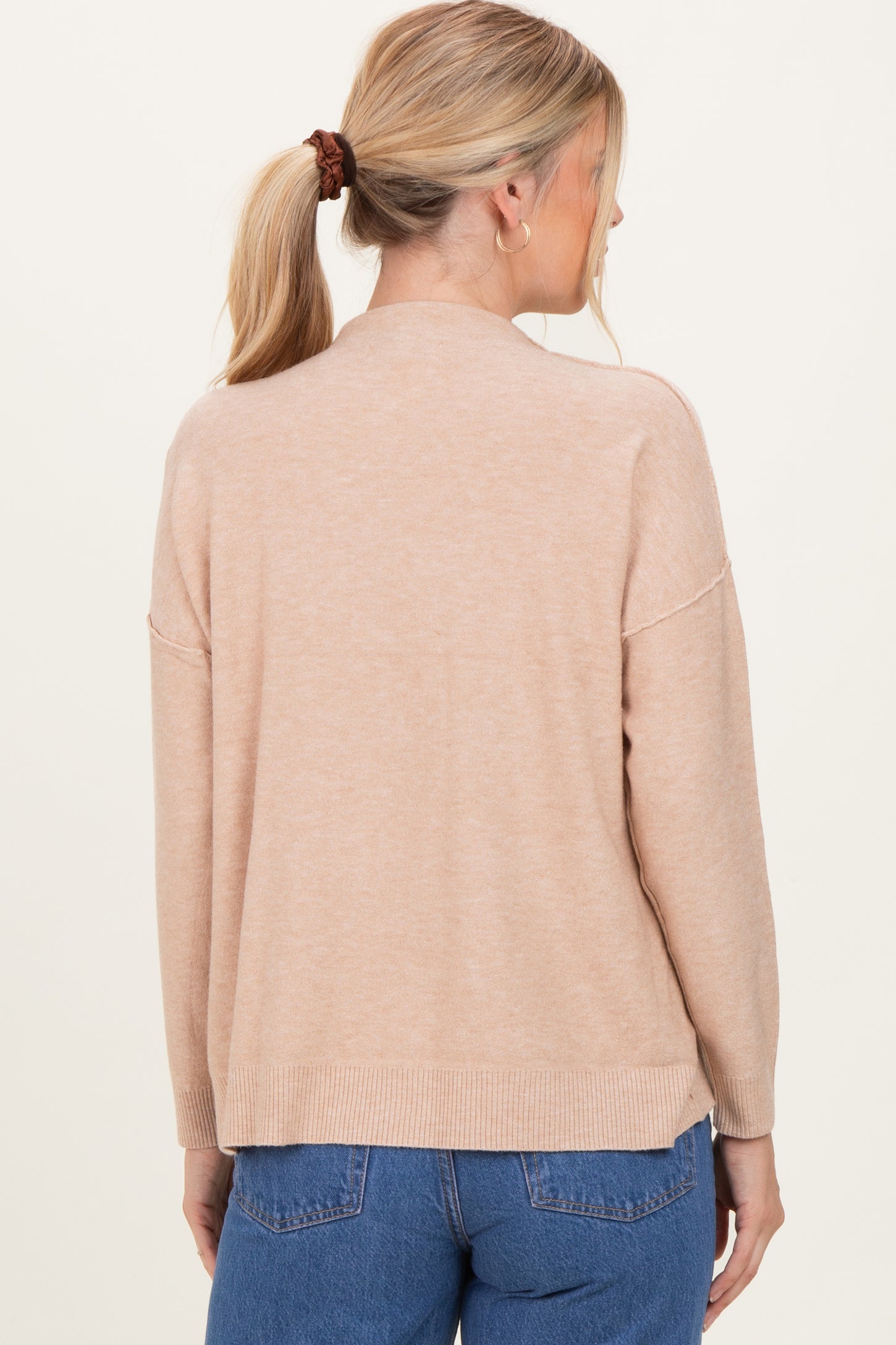 Beige Mock Neck Exposed Seam Sweater