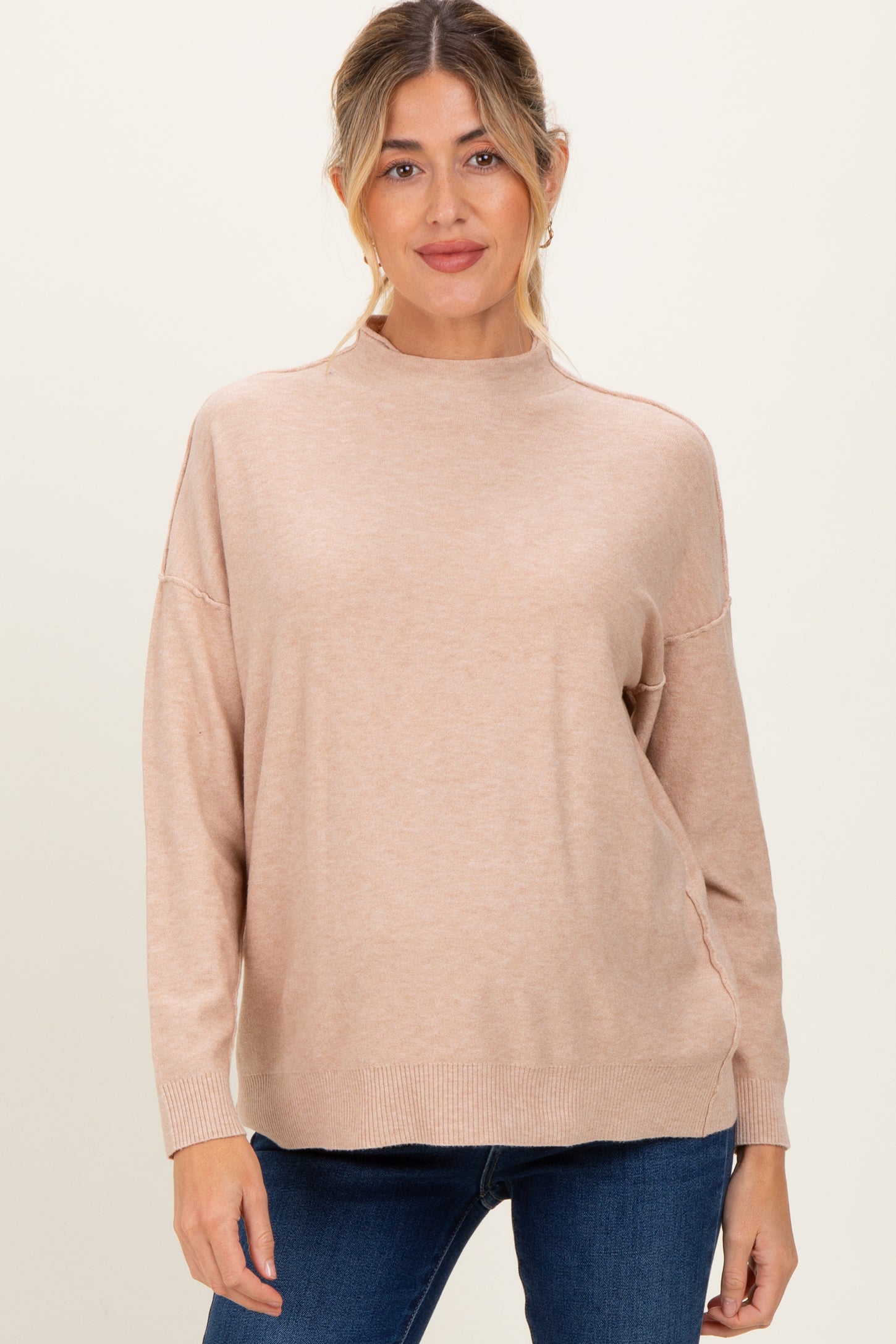 Beige Mock Neck Exposed Seam Maternity Sweater