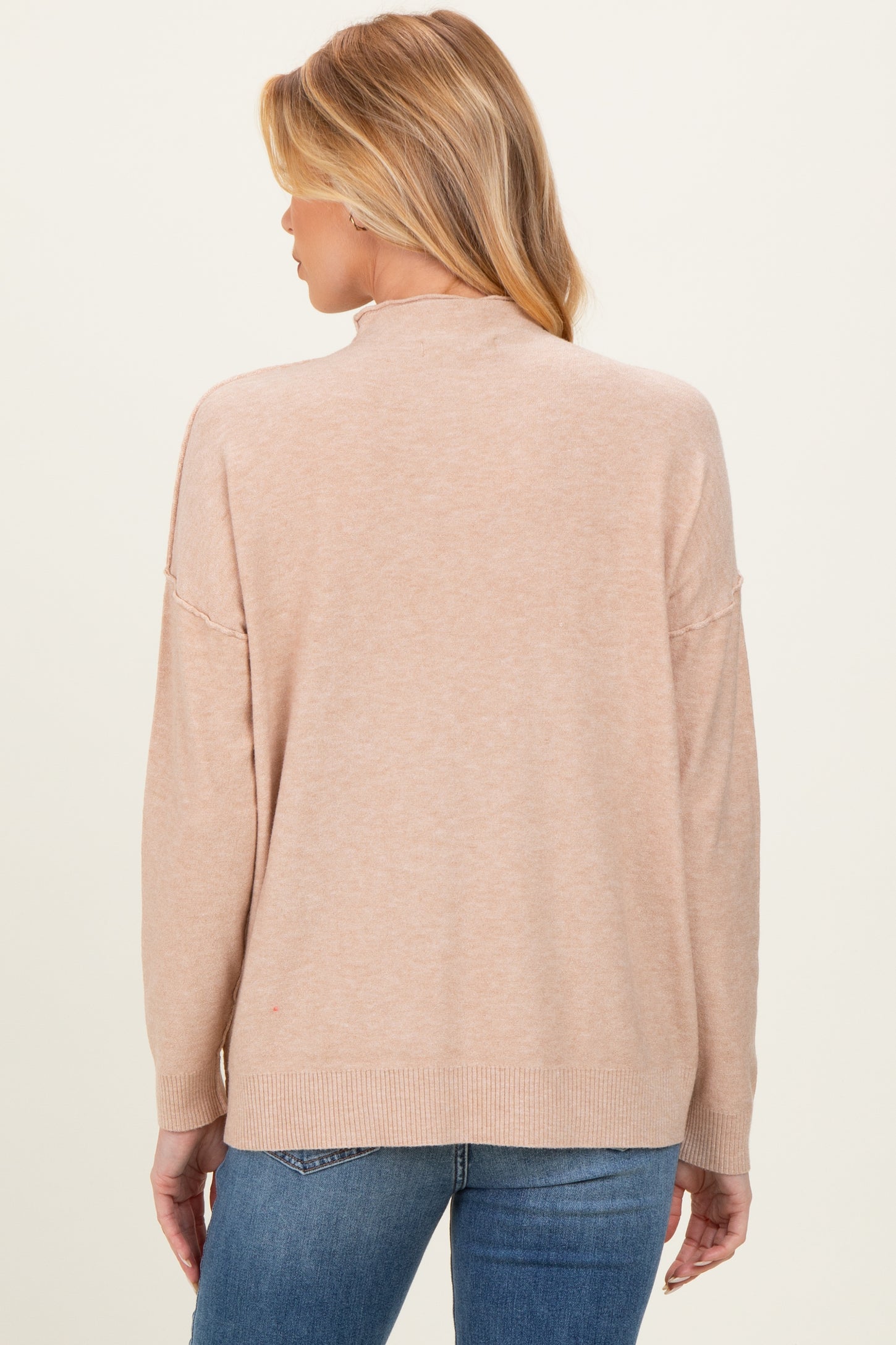 Beige Mock Neck Exposed Seam Maternity Sweater