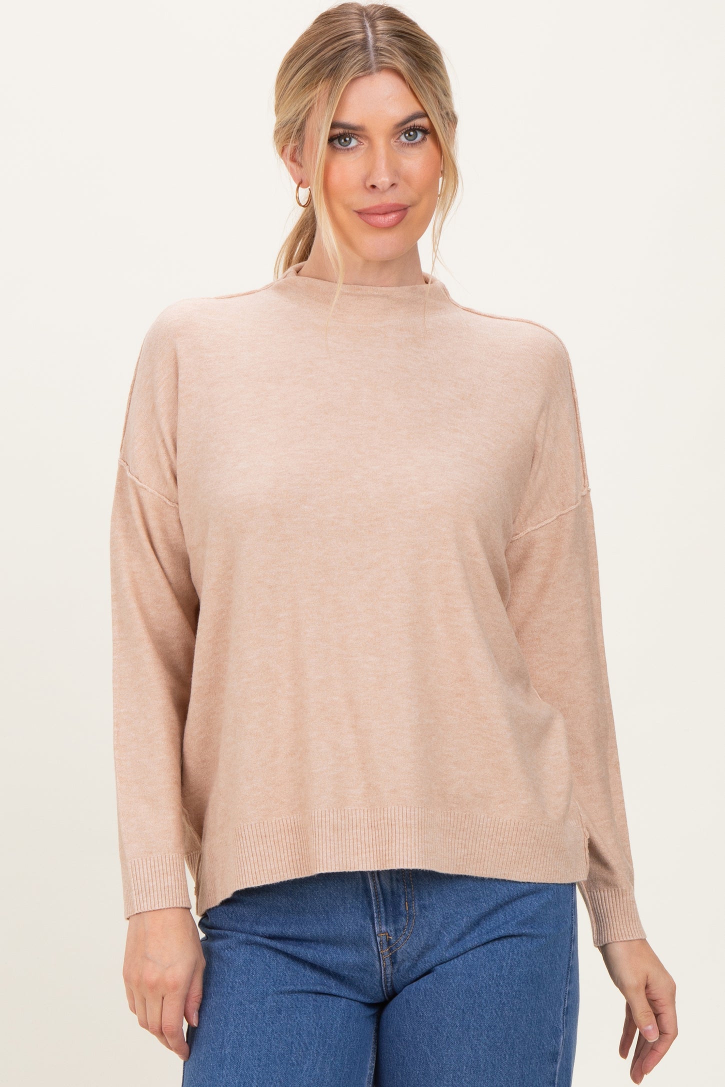 Beige Mock Neck Exposed Seam Sweater