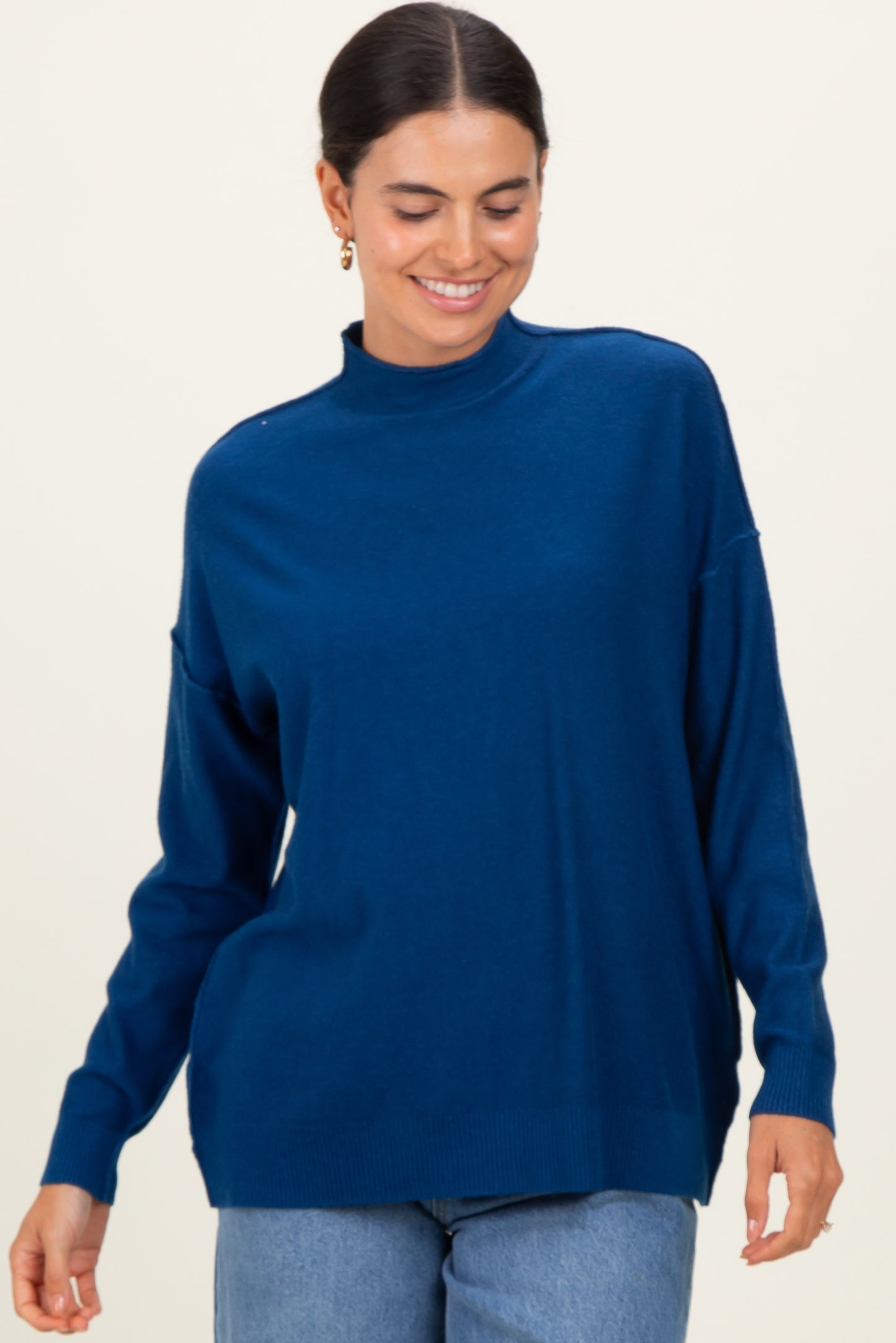 Navy Mock Neck Exposed Seam Sweater
