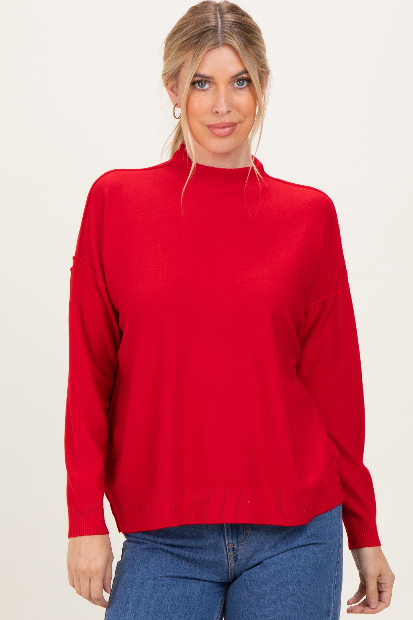Red Mock Neck Exposed Seam Sweater