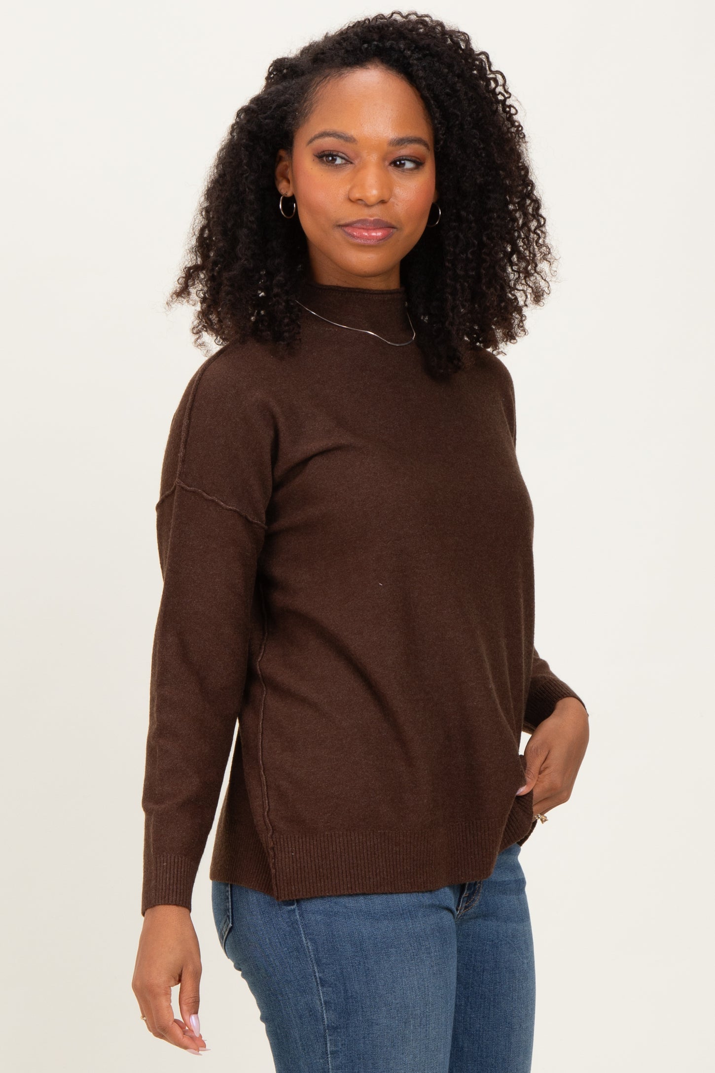 Brown Mock Neck Exposed Seam Sweater