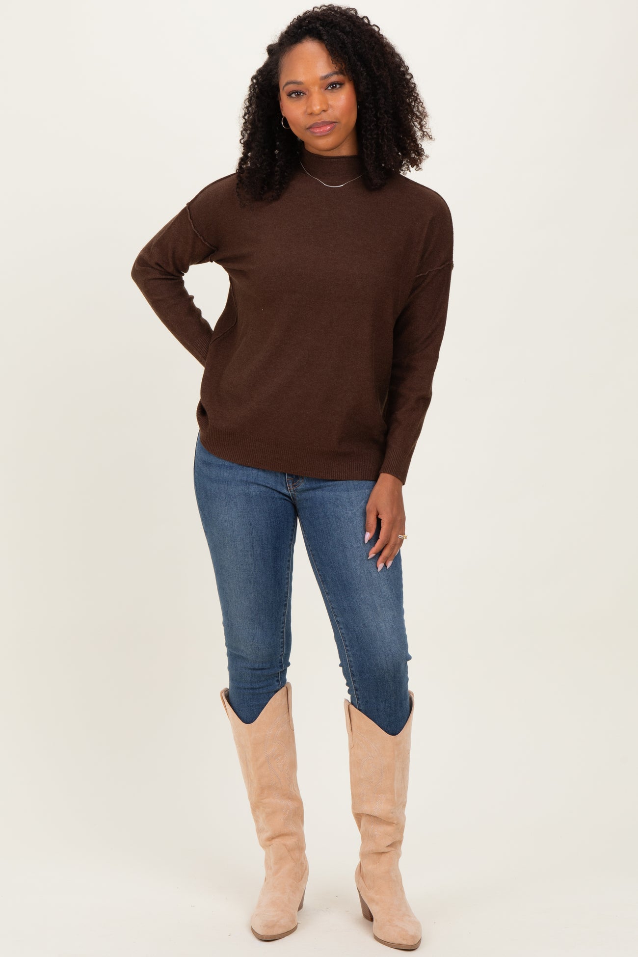 Brown Mock Neck Exposed Seam Sweater