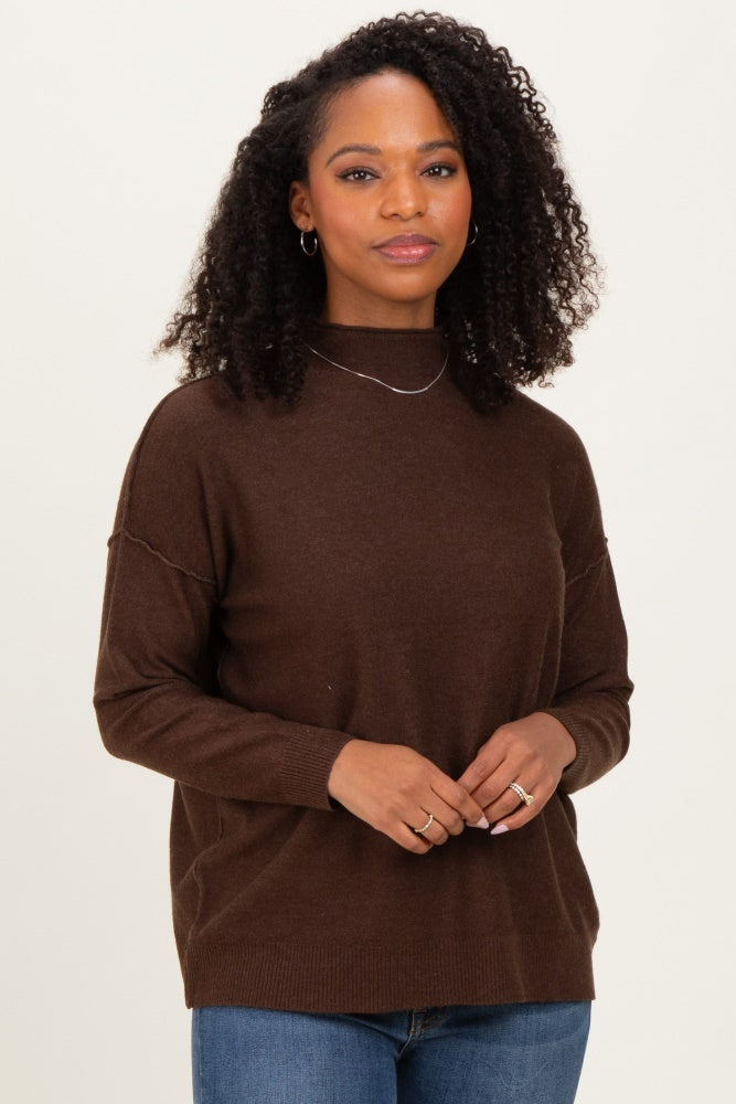 Brown Mock Neck Exposed Seam Sweater