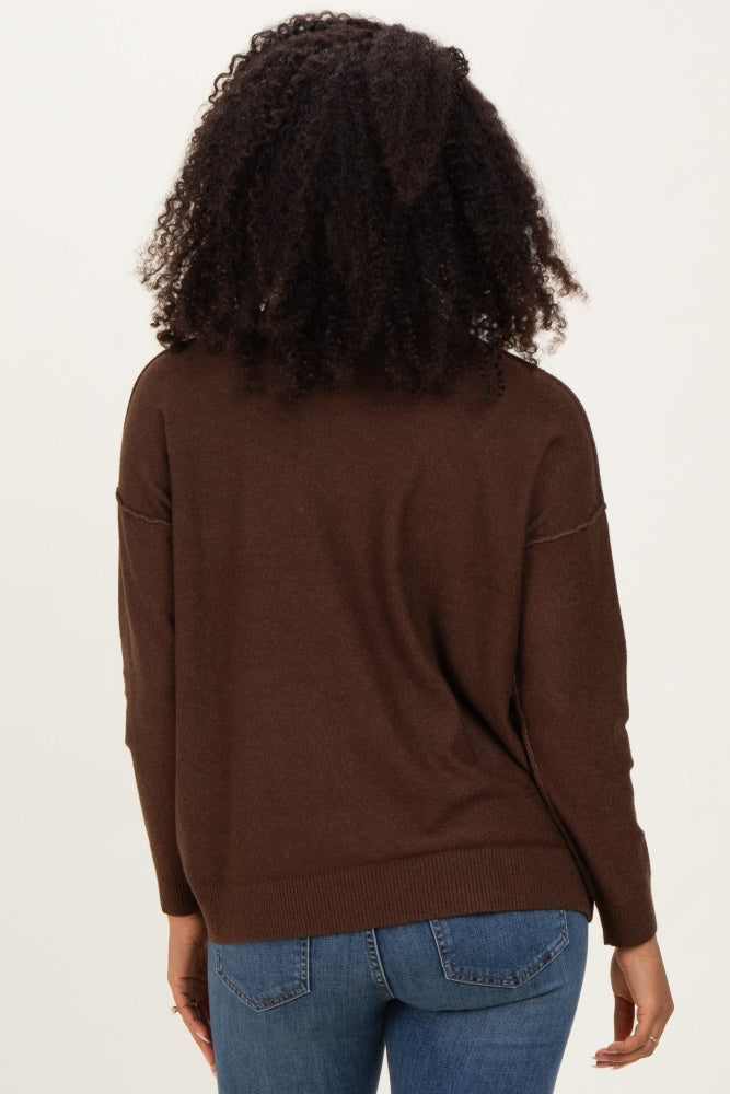 Brown Mock Neck Exposed Seam Sweater