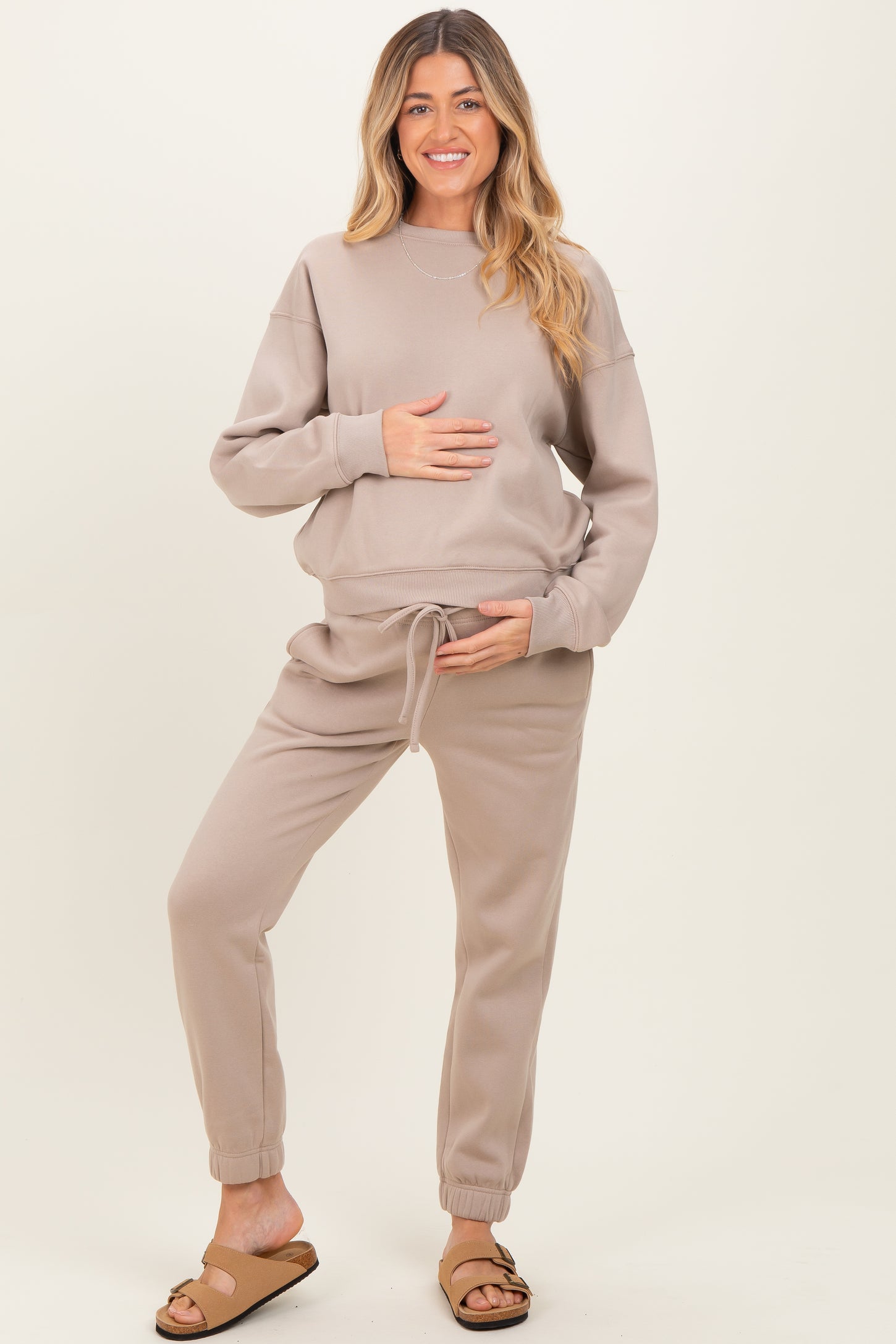 Light Mocha Fleece Long Sleeve Maternity Pullover & Jogger Set