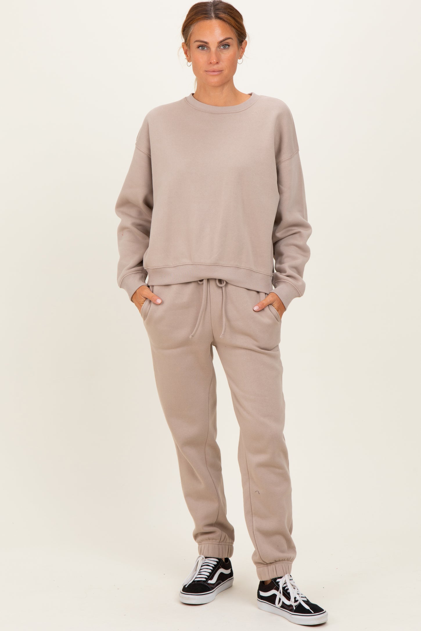 Light Mocha Fleece Long Sleeve Maternity Pullover & Jogger Set
