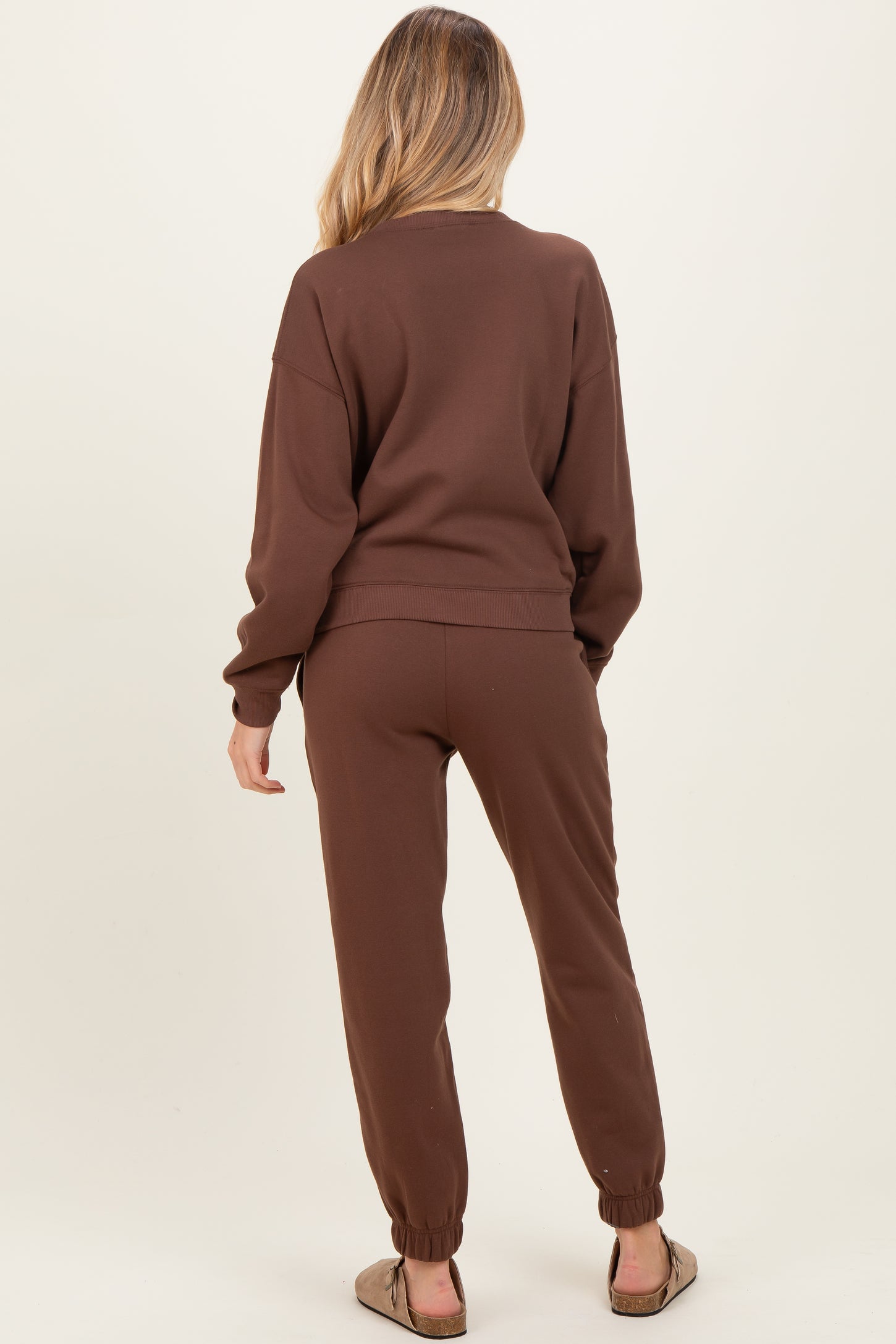 Brown Fleece Long Sleeve Maternity Pullover & Jogger Set
