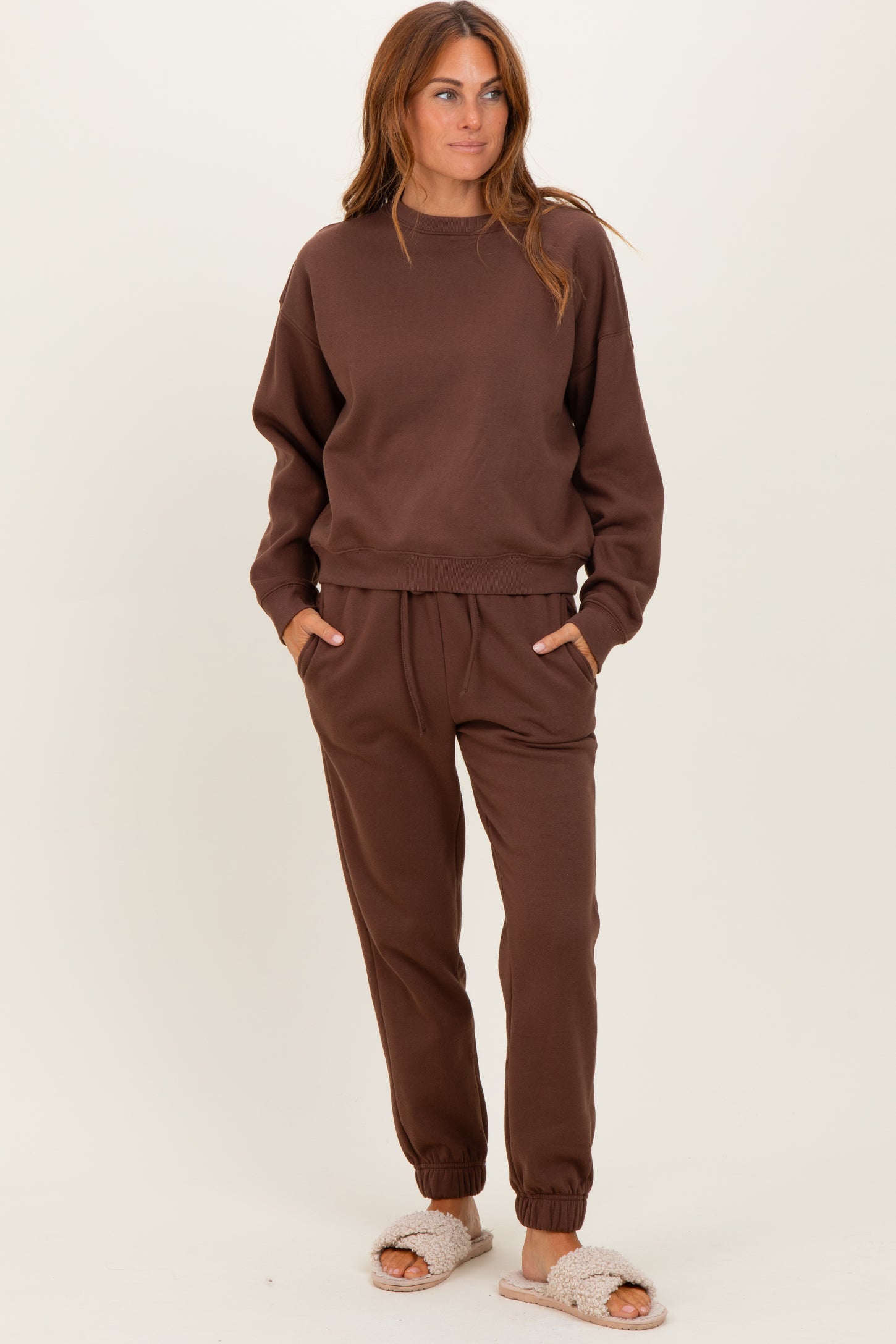 Brown Fleece Long Sleeve Maternity Pullover & Jogger Set