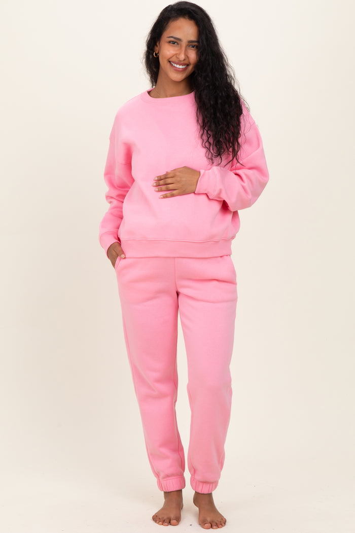 Pink Fleece Long Sleeve Maternity Pullover & Jogger Set