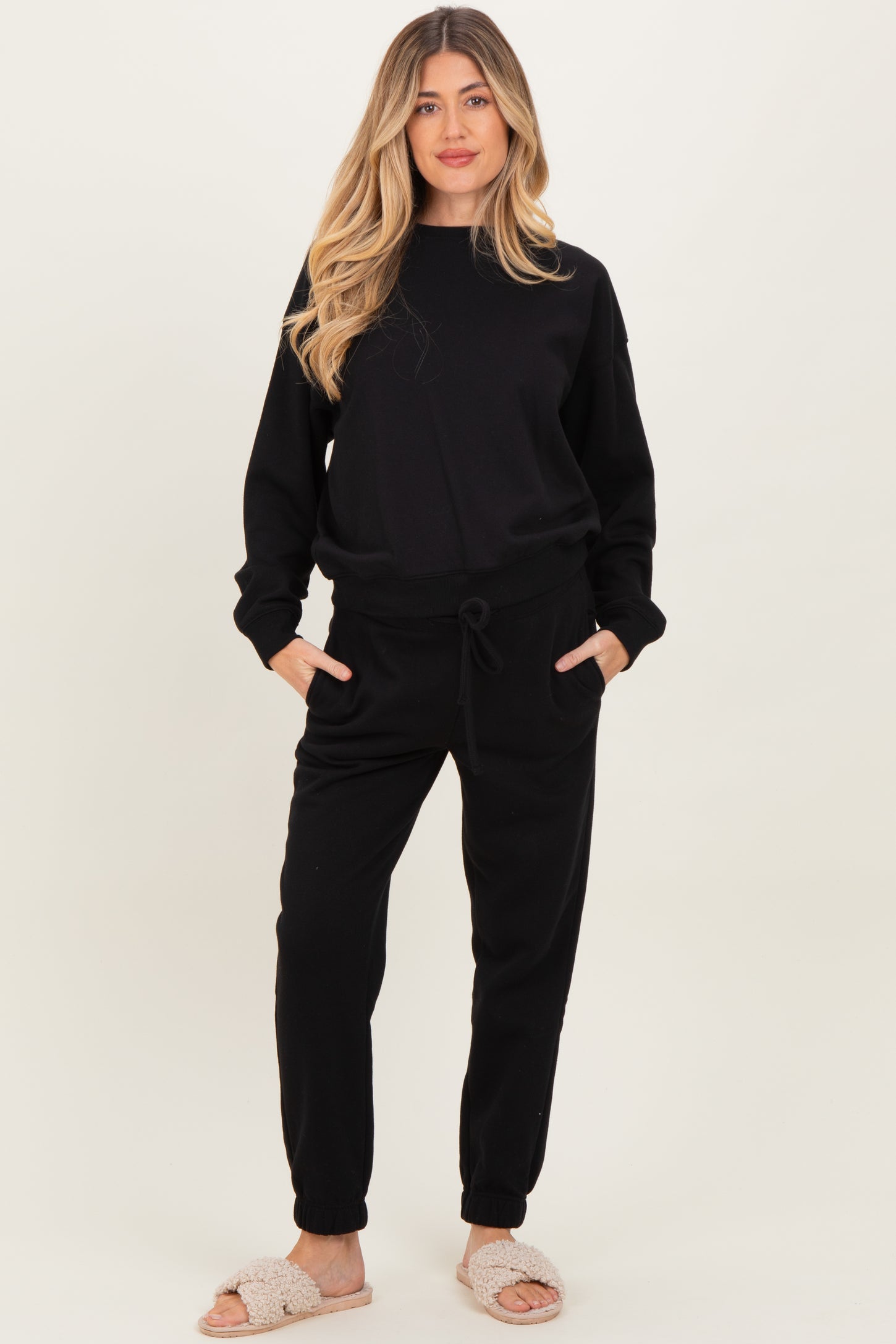 Black Fleece Long Sleeve Maternity Pullover & Jogger Set