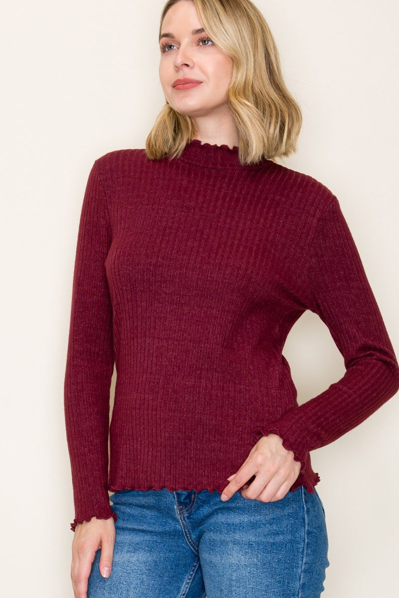 Burgundy Ribbed Mock Neck Ruffle Hem Long Sleeve Top