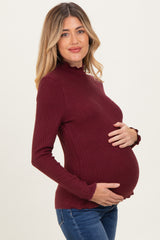 Burgundy Ribbed Mock Neck Ruffle Hem Maternity Long Sleeve Top