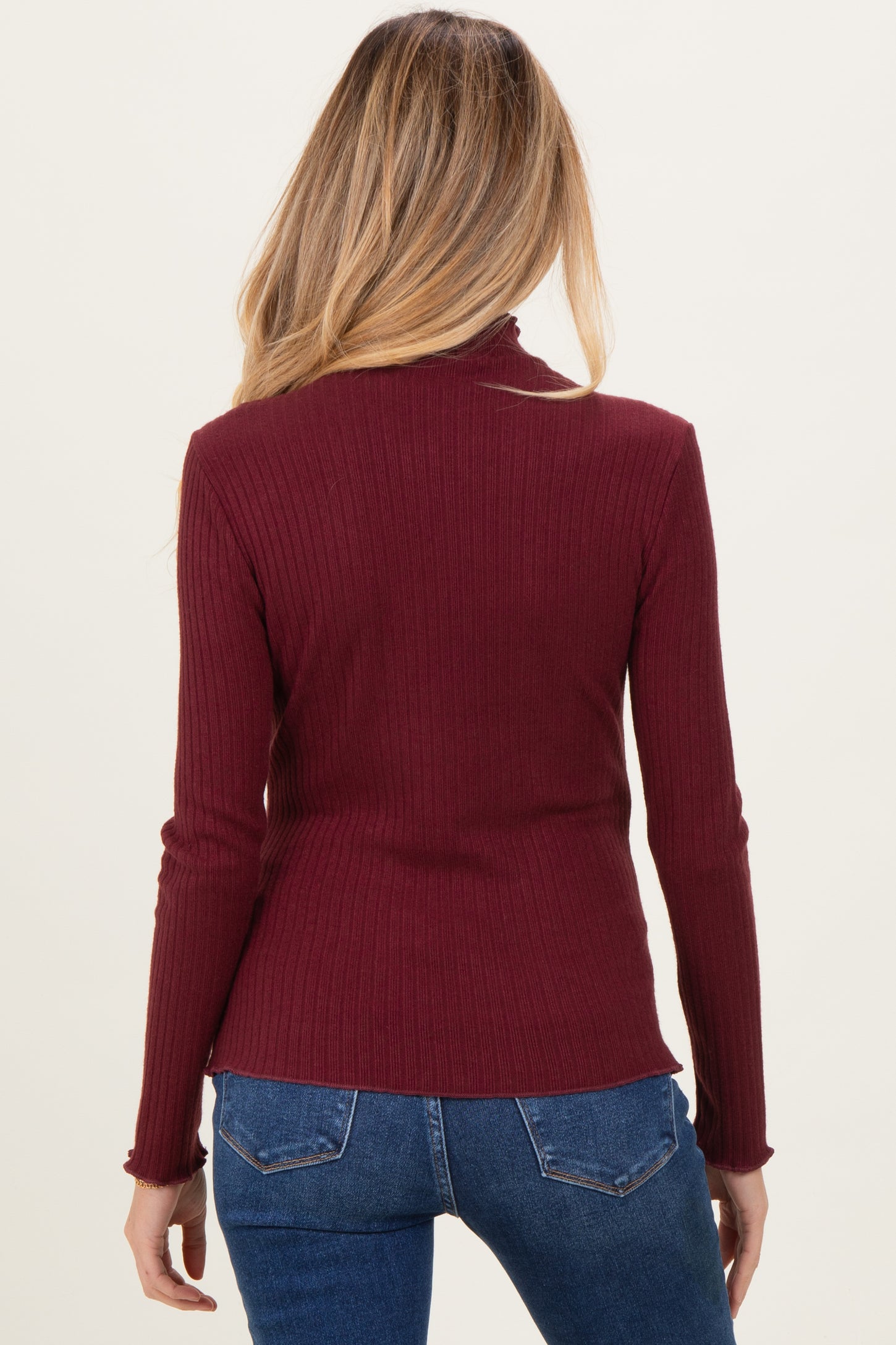 Burgundy Ribbed Mock Neck Ruffle Hem Maternity Long Sleeve Top