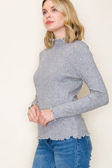 Heather Grey Ribbed Mock Neck Ruffle Hem Long Sleeve Top