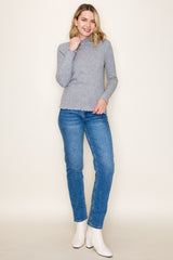 Heather Grey Ribbed Mock Neck Ruffle Hem Long Sleeve Top