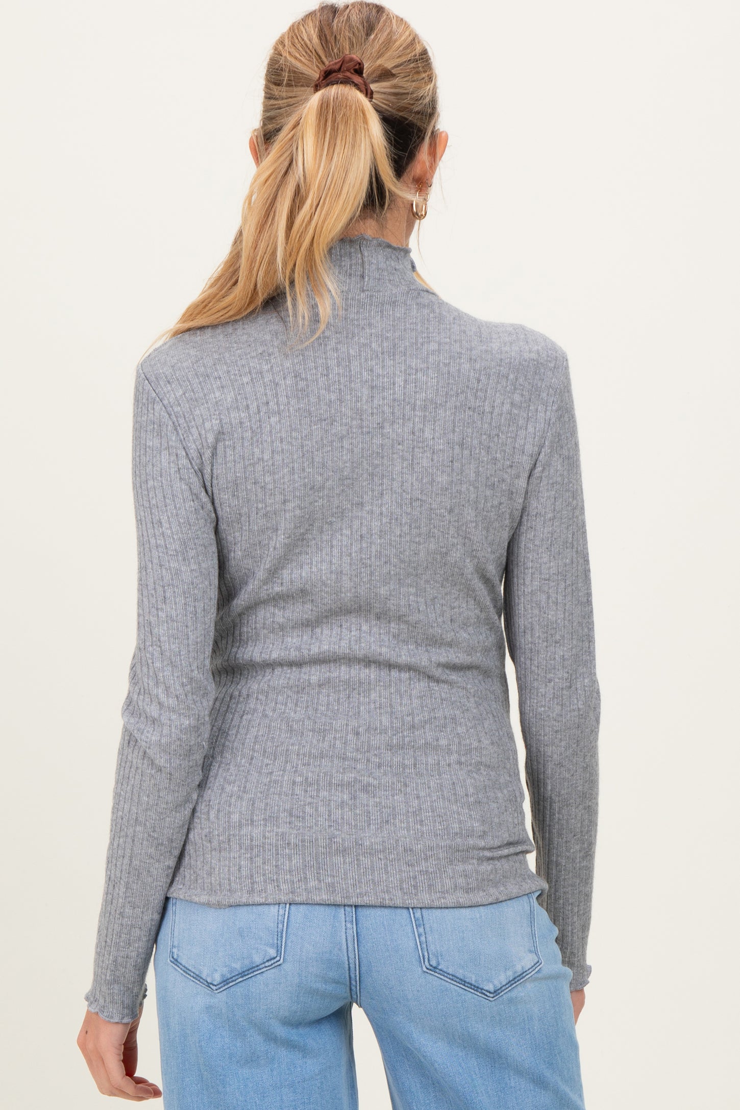 Heather Grey Ribbed Mock Neck Ruffle Hem Maternity Long Sleeve Top