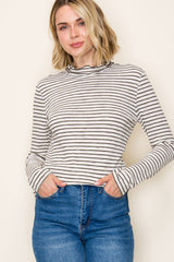 Olive Striped Ribbed Mock Neck Ruffle Hem Maternity Top
