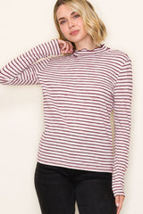 Burgundy Striped Ribbed Mock Neck Ruffle Hem Top
