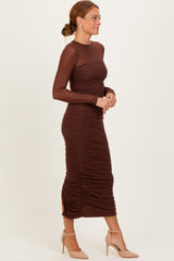 Brown Mesh Ruched Long Sleeve Midi Dress
