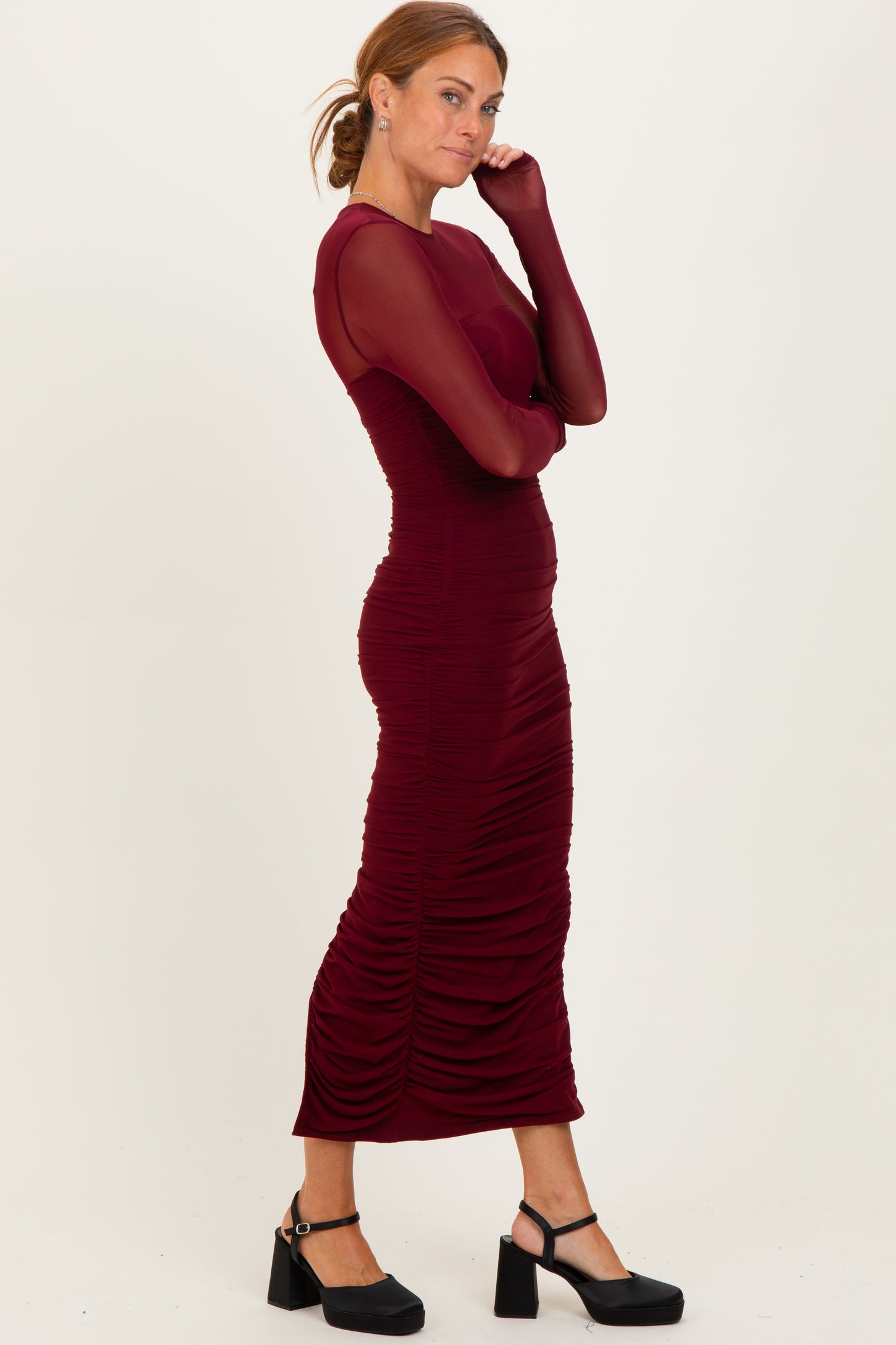 Burgundy Mesh Ruched Long Sleeve Midi Dress
