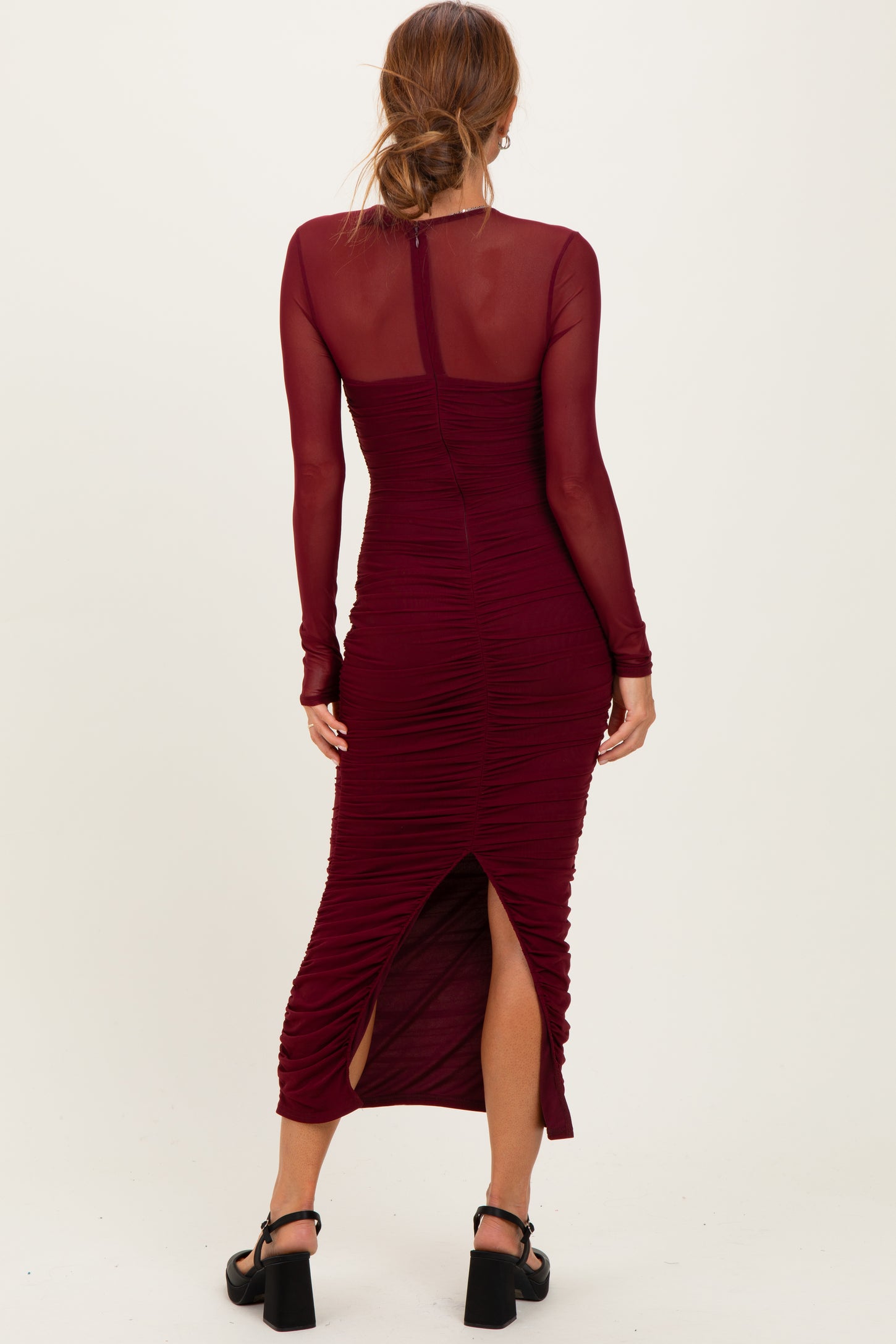 Burgundy Mesh Ruched Long Sleeve Midi Dress