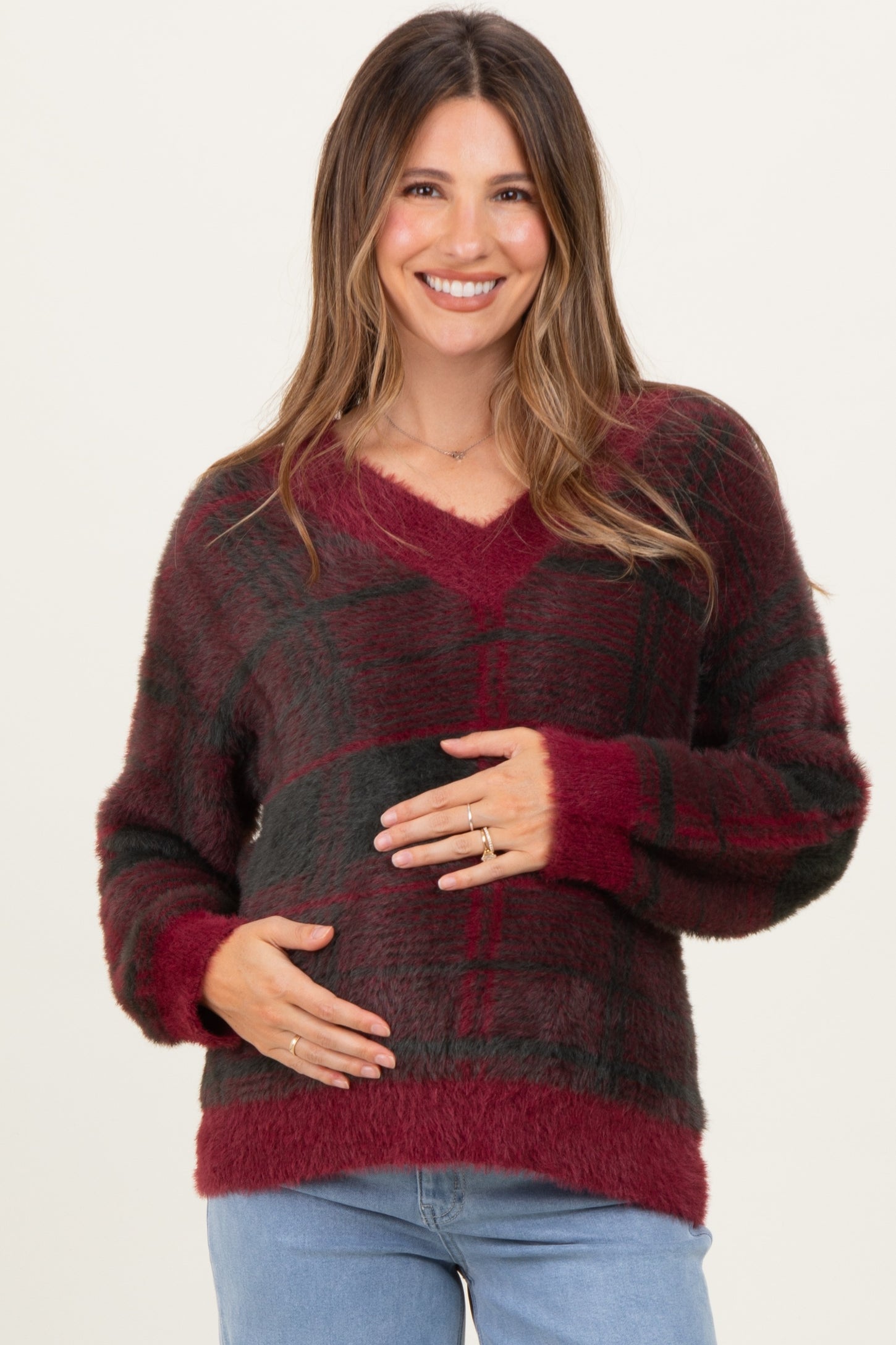 Burgundy Plaid Fuzzy Knit V-Neck Maternity Sweater