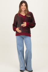 Burgundy Plaid Fuzzy Knit V-Neck Maternity Sweater