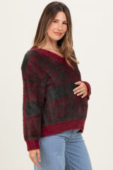 Burgundy Plaid Fuzzy Knit V-Neck Maternity Sweater