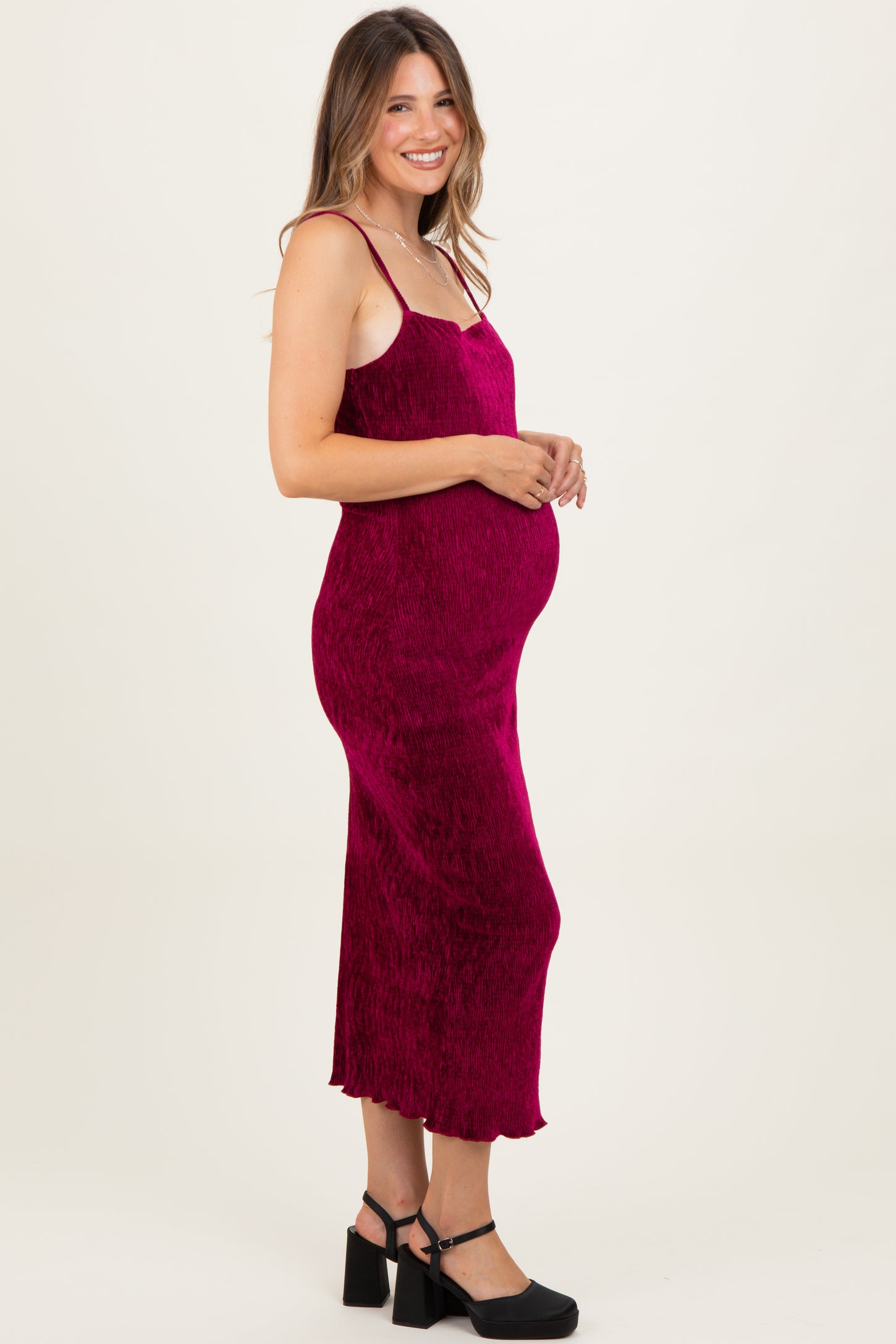 Burgundy Velvet Sleeveless Side Slit Maternity Midi Dress