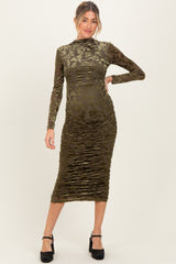 Olive Floral Velvet Mesh Ruched Maternity Midi Dress