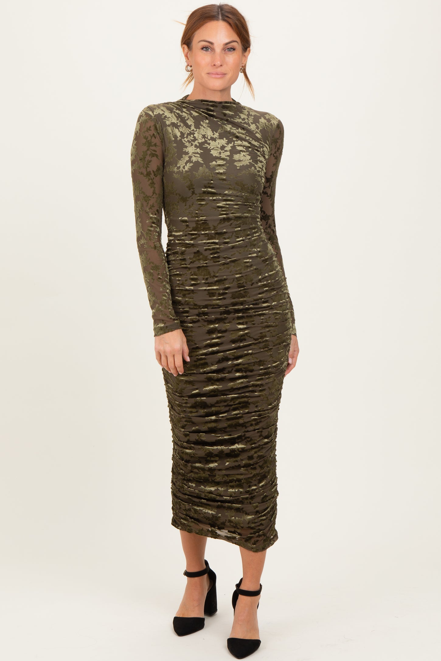 Olive Floral Velvet Mesh Ruched Midi Dress