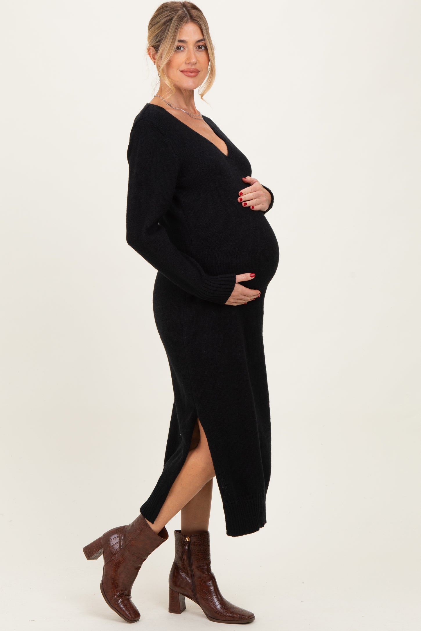 Black V-Neck Relaxed Fit Maternity Sweater Dress