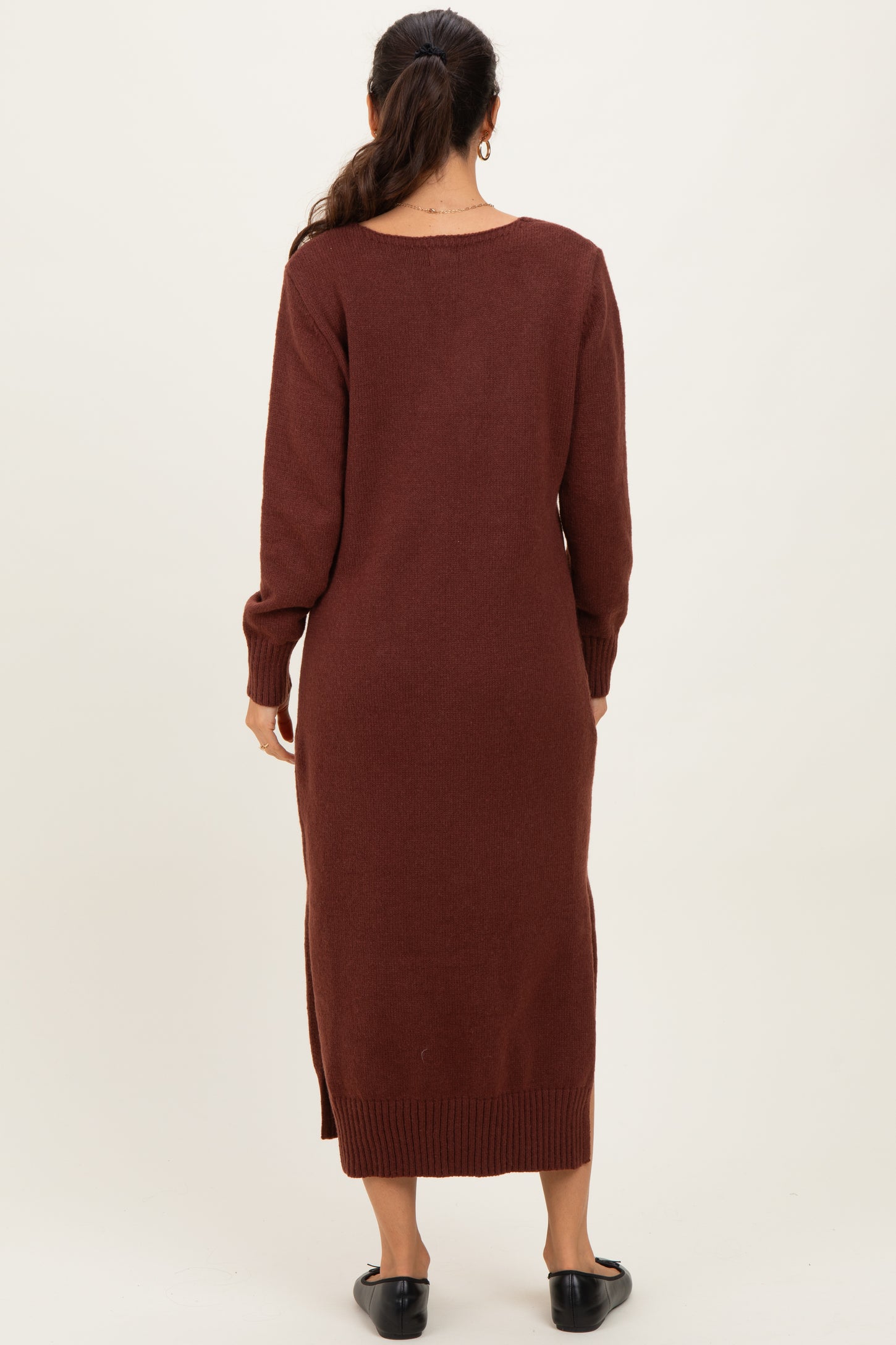 Brown V-Neck Relaxed Fit Sweater Dress