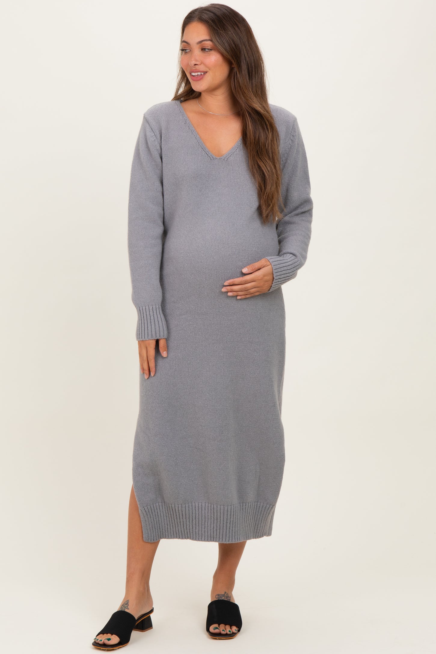 Heather Grey V-Neck Relaxed Fit Maternity Sweater Dress