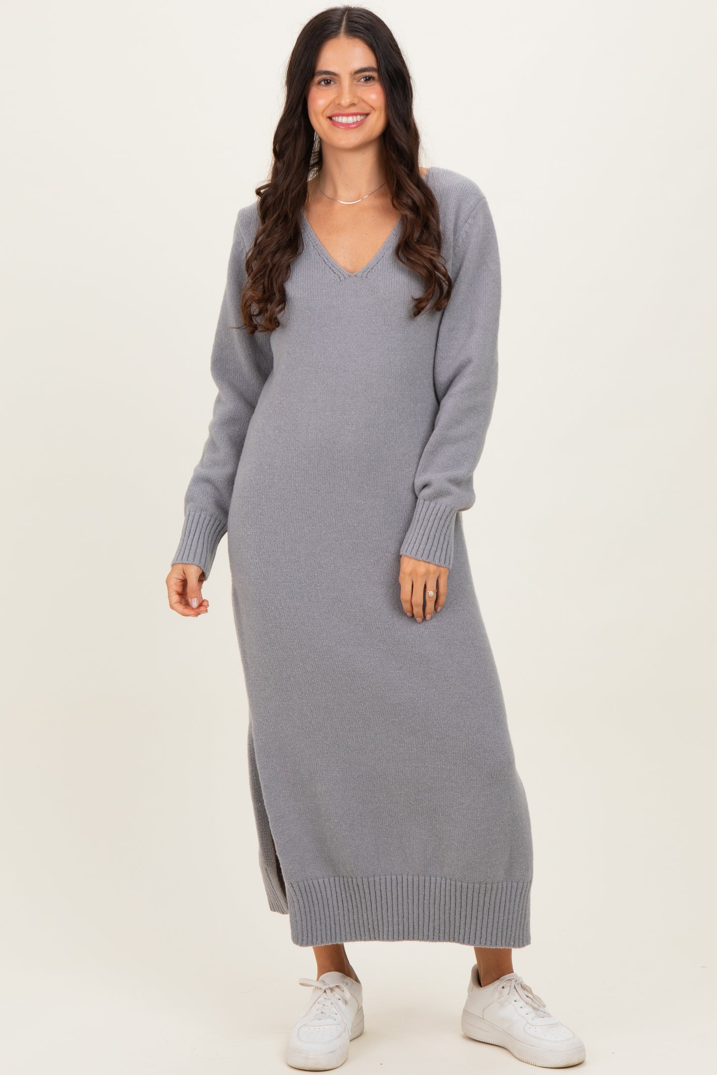 Heather Grey V-Neck Relaxed Fit Maternity Sweater Dress