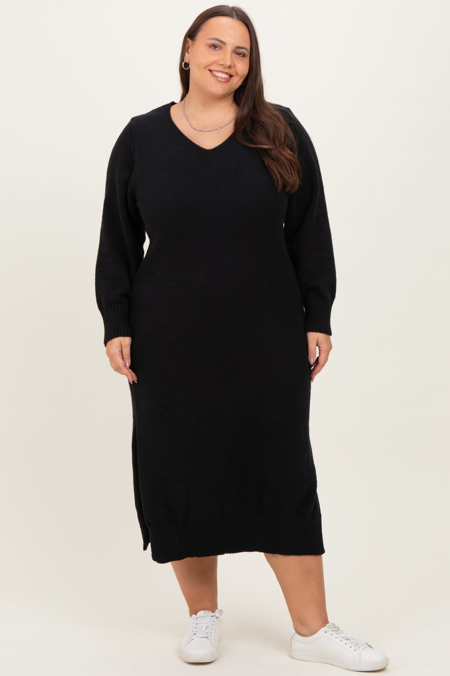 Black V-Neck Relaxed Fit Plus Sweater Dress