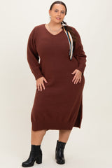 Brown V-Neck Relaxed Fit Plus Sweater Dress
