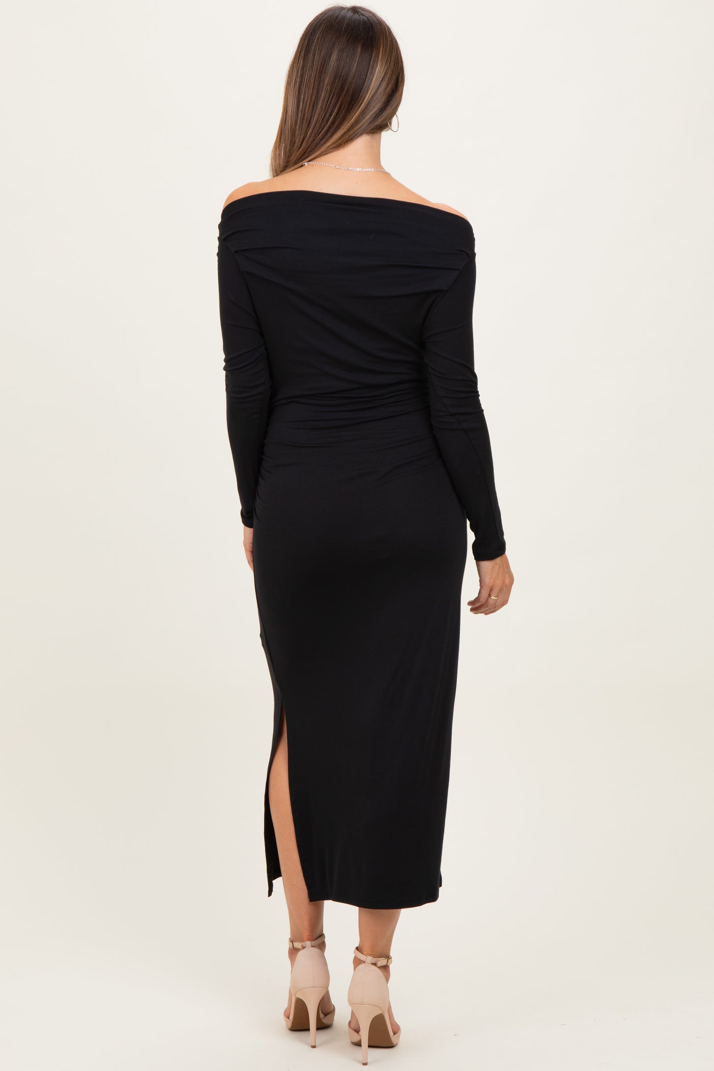 Black Boat Neck Ruched Long Sleeve Maternity Midi Dress