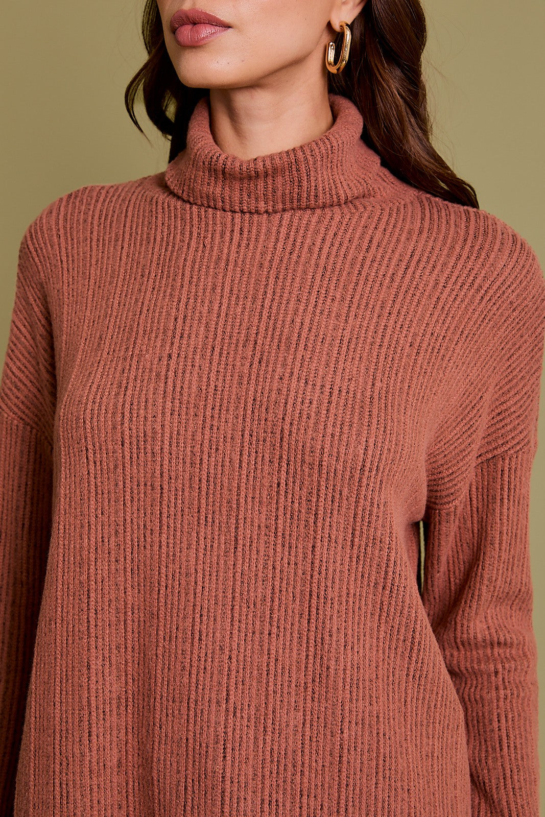 Rust Ribbed Turtle Neck Long Sleeve Top