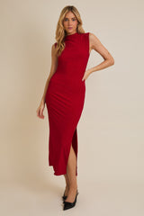 Red Glitter Ruched Side Slit Midi Dress