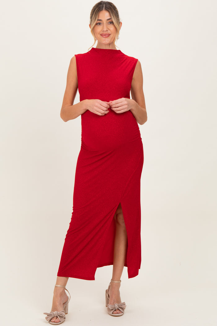 Red Glitter Ruched Side Slit Maternity Midi Dress