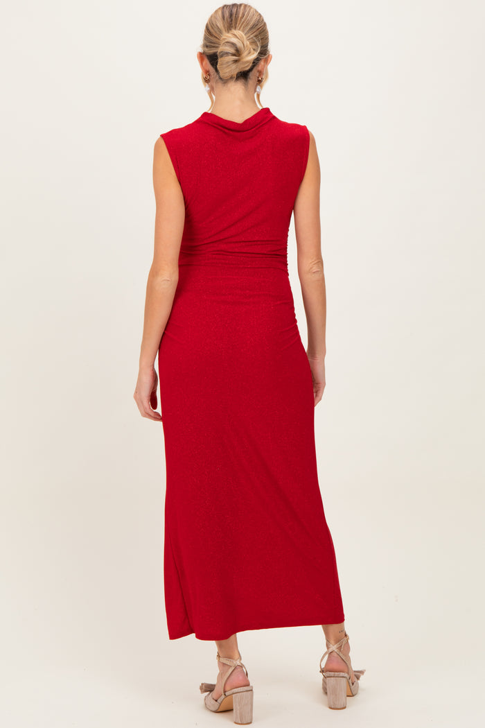 Red Glitter Ruched Side Slit Maternity Midi Dress