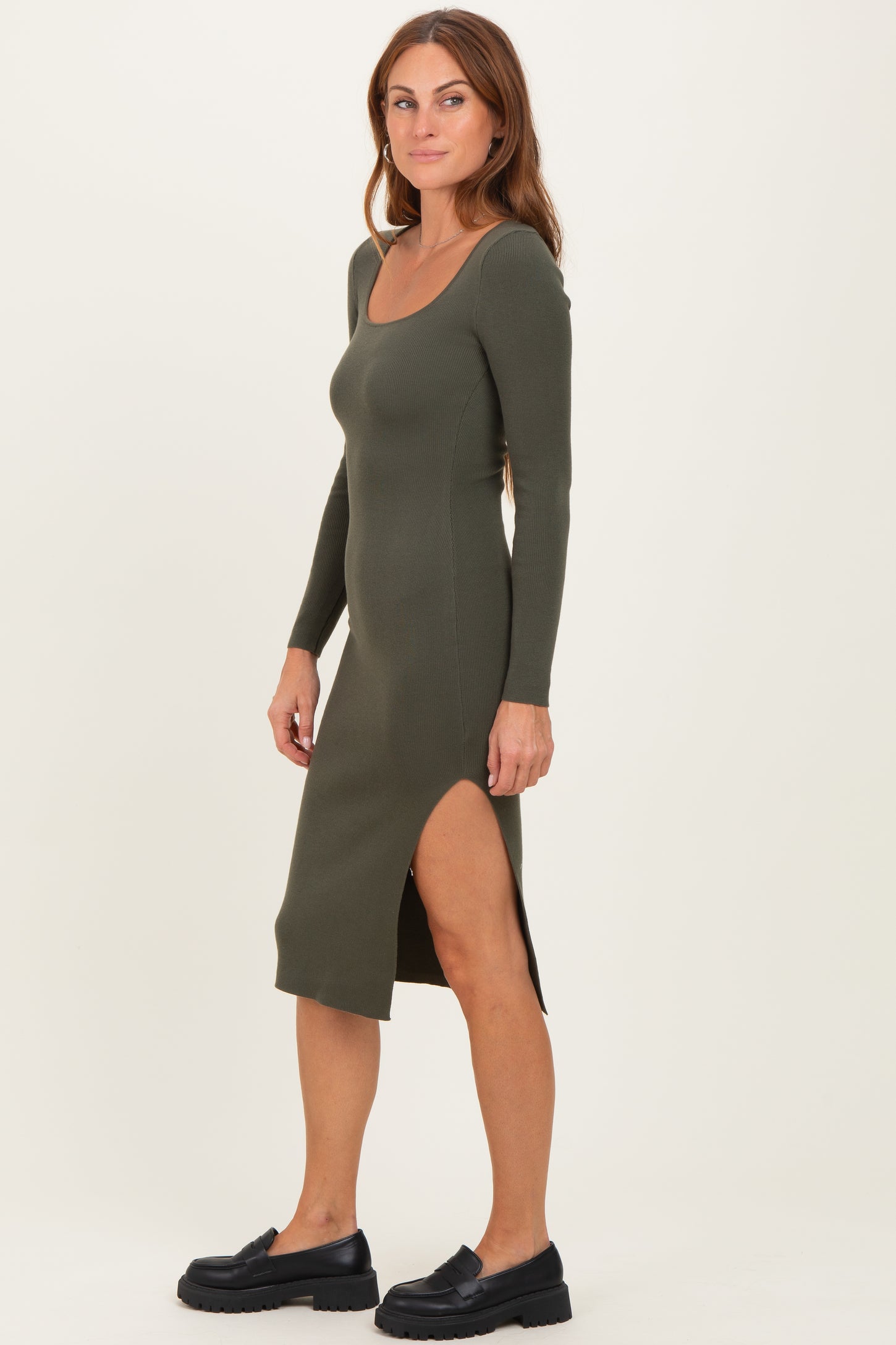 Olive Knit Square Neck Slit Midi Dress