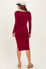 Burgundy Knit Square Neck Slit Midi Dress