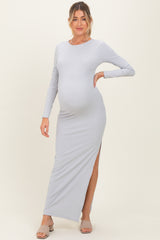 Light Grey Ribbed Long Sleeve Side Slit Maternity Maxi Dress