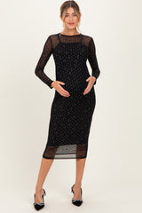 Black Rhinestone Mesh Long Sleeve Maternity Midi Dress